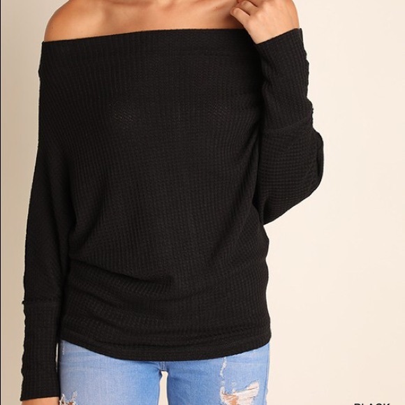 Black Knit Off Shoulder Batwing Long Sleeve Top - Picture 2 of 4